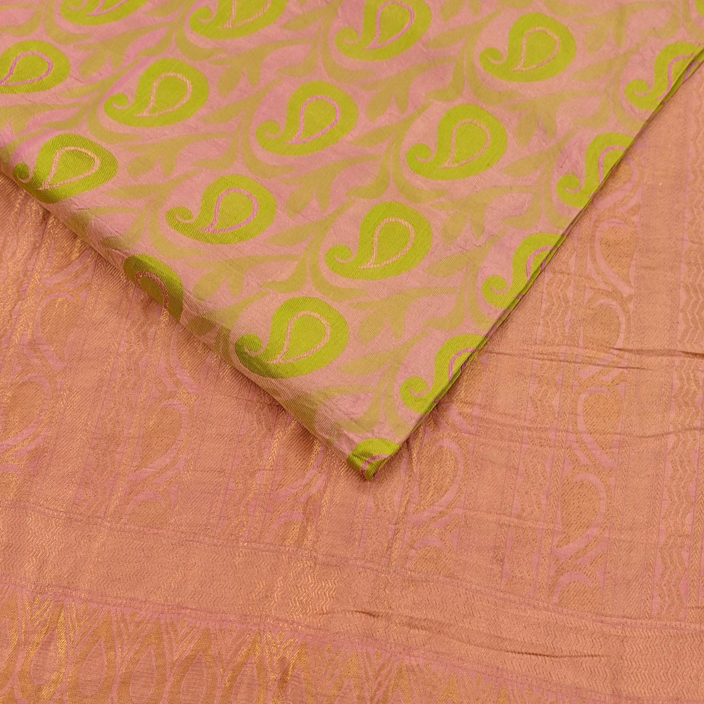 Vintage Kanjivaram Silk Saree Peach & Green Pure Silk Zari Fabric Indian Handwoven 5Yd Craft Material Dressmaking Textile
