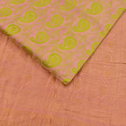 Vintage Kanjivaram Silk Saree Peach & Green Pure Silk Zari Fabric Indian Handwoven 5Yd Craft Material Dressmaking Textile