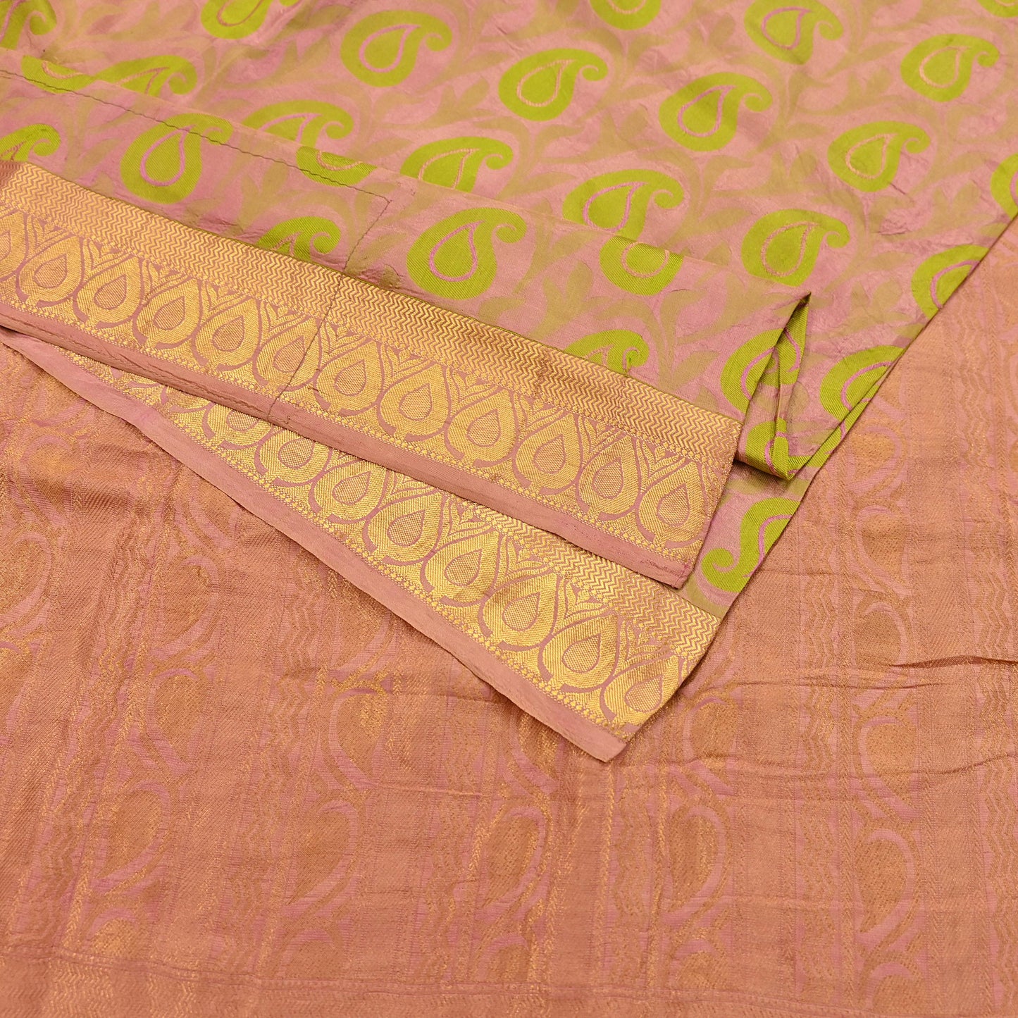 Vintage Kanjivaram Silk Saree Peach & Green Pure Silk Zari Fabric Indian Handwoven 5Yd Craft Material Dressmaking Textile