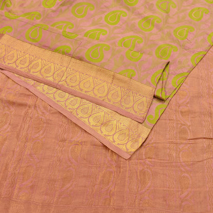 Vintage Kanjivaram Silk Saree Peach & Green Pure Silk Zari Fabric Indian Handwoven 5Yd Craft Material Dressmaking Textile