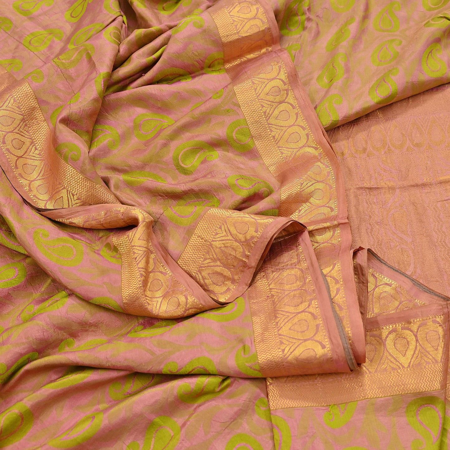 Vintage Kanjivaram Silk Saree Peach & Green Pure Silk Zari Fabric Indian Handwoven 5Yd Craft Material Dressmaking Textile