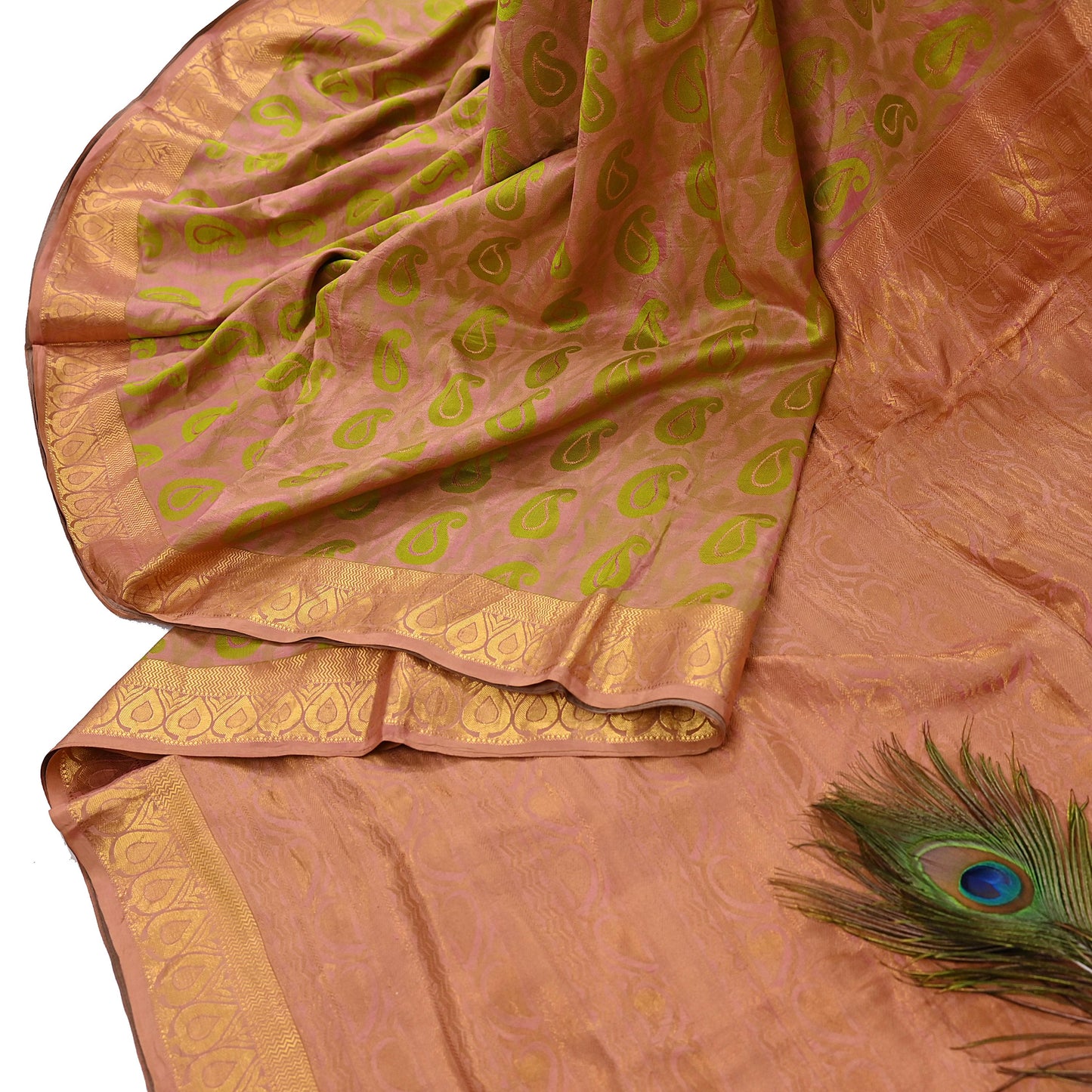 Vintage Kanjivaram Silk Saree Peach & Green Pure Silk Zari Fabric Indian Handwoven 5Yd Craft Material Dressmaking Textile