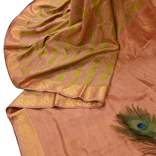 Vintage Kanjivaram Silk Saree Peach & Green Pure Silk Zari Fabric Indian Handwoven 5Yd Craft Material Dressmaking Textile