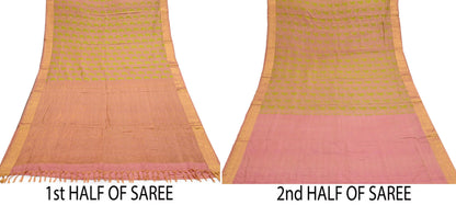 Vintage Kanjivaram Silk Saree Peach & Green Pure Silk Zari Fabric Indian Handwoven 5Yd Craft Material Dressmaking Textile
