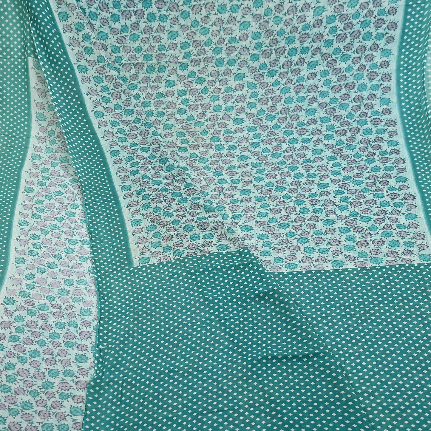 Indian Vintage Sari Green & White Printed Pure Cotton Sarees 5Yd Craft Fabric Soft Sewing Sarong Wrap Boho Upcycle quilting Dress making