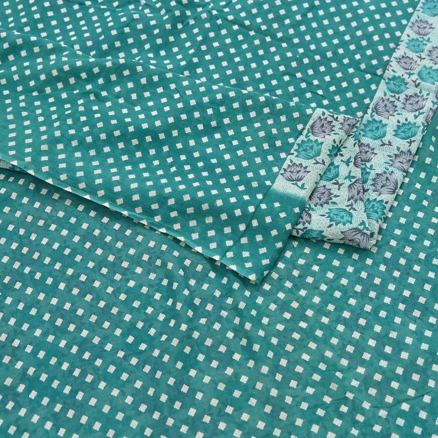 Indian Vintage Sari Green & White Printed Pure Cotton Sarees 5Yd Craft Fabric Soft Sewing Sarong Wrap Boho Upcycle quilting Dress making