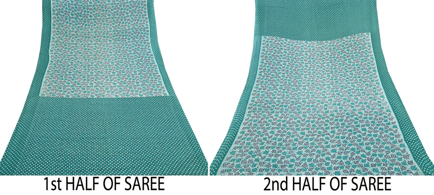 Indian Vintage Sari Green & White Printed Pure Cotton Sarees 5Yd Craft Fabric Soft Sewing Sarong Wrap Boho Upcycle quilting Dress making