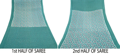 Indian Vintage Sari Green & White Printed Pure Cotton Sarees 5Yd Craft Fabric Soft Sewing Sarong Wrap Boho Upcycle quilting Dress making