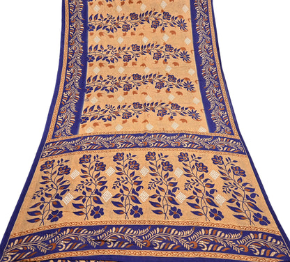 Indian Vintage Sari Blue & Beige Printed Pure Cotton Sarees Craft Fabric 5Yd Soft Sewing Sarong Wrap Boho Floral Quilting Dress making