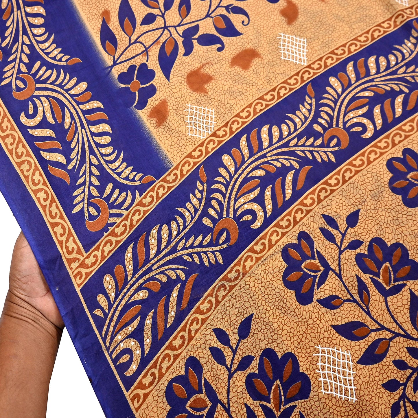 Indian Vintage Sari Blue & Beige Printed Pure Cotton Sarees Craft Fabric 5Yd Soft Sewing Sarong Wrap Boho Floral Quilting Dress making