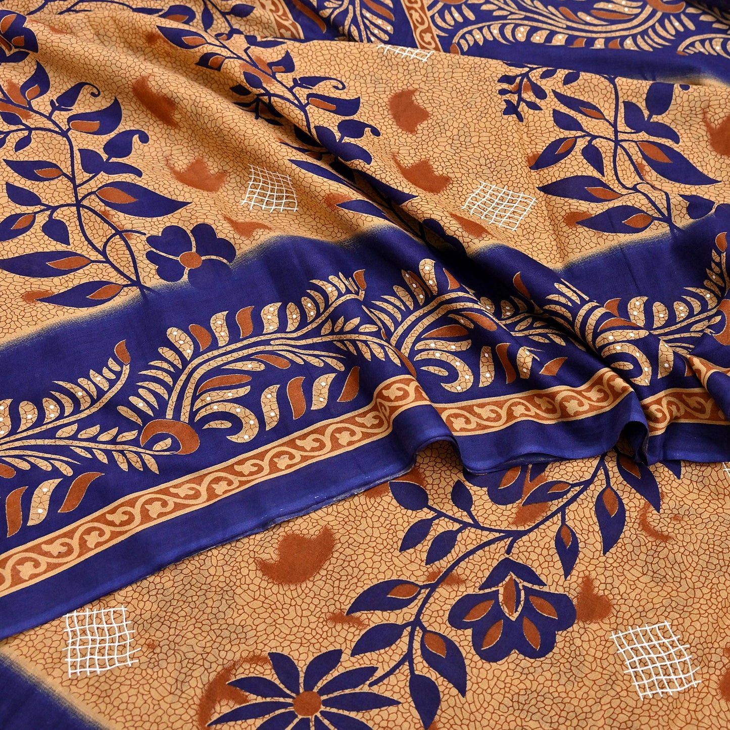 Indian Vintage Sari Blue & Beige Printed Pure Cotton Sarees Craft Fabric 5Yd Soft Sewing Sarong Wrap Boho Floral Quilting Dress making