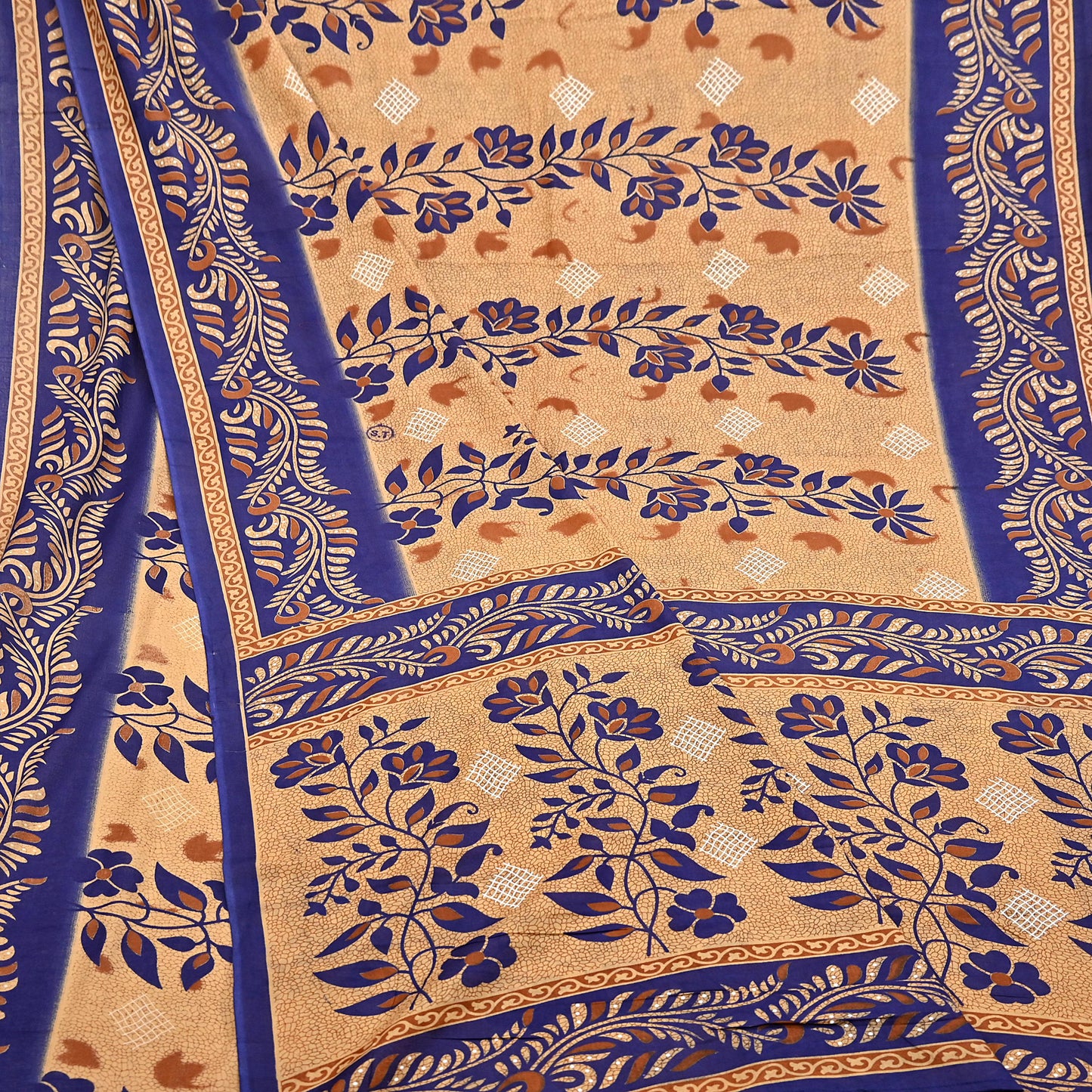 Indian Vintage Sari Blue & Beige Printed Pure Cotton Sarees Craft Fabric 5Yd Soft Sewing Sarong Wrap Boho Floral Quilting Dress making