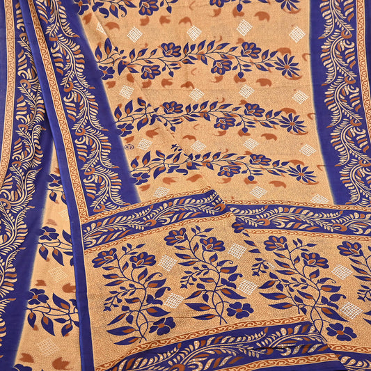 Indian Vintage Sari Blue & Beige Printed Pure Cotton Sarees Craft Fabric 5Yd Soft Sewing Sarong Wrap Boho Floral Quilting Dress making