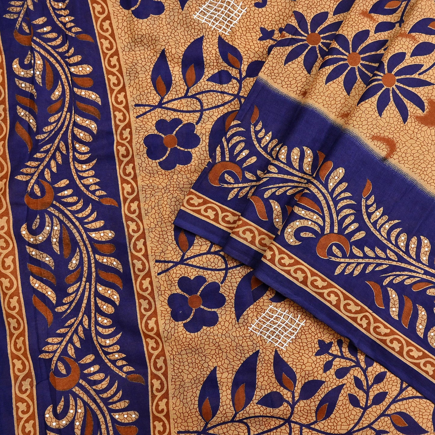 Indian Vintage Sari Blue & Beige Printed Pure Cotton Sarees Craft Fabric 5Yd Soft Sewing Sarong Wrap Boho Floral Quilting Dress making