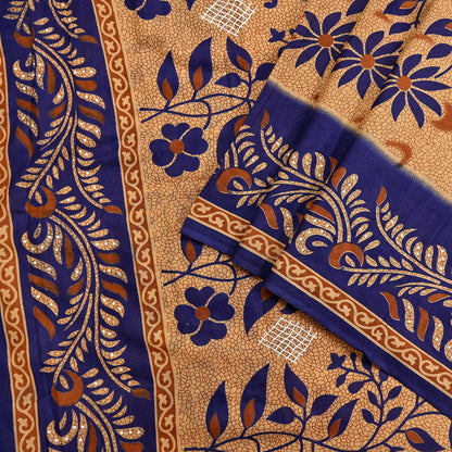 Indian Vintage Sari Blue & Beige Printed Pure Cotton Sarees Craft Fabric 5Yd Soft Sewing Sarong Wrap Boho Floral Quilting Dress making