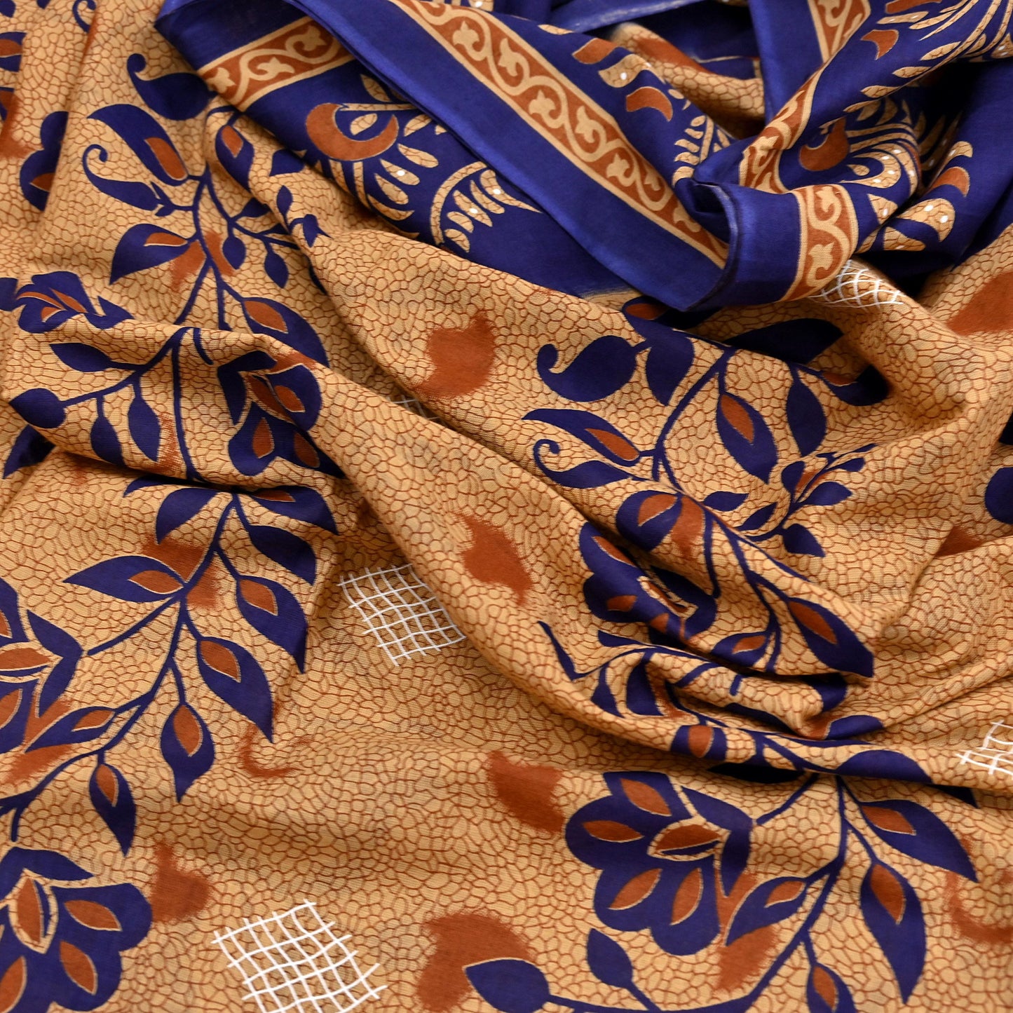 Indian Vintage Sari Blue & Beige Printed Pure Cotton Sarees Craft Fabric 5Yd Soft Sewing Sarong Wrap Boho Floral Quilting Dress making