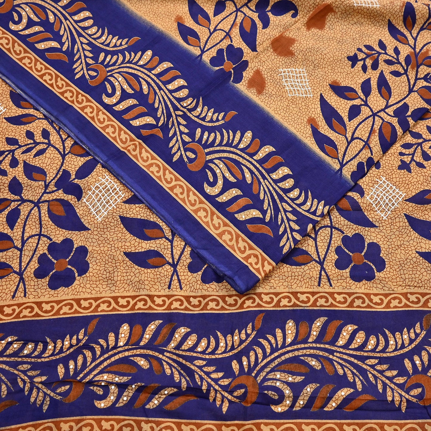 Indian Vintage Sari Blue & Beige Printed Pure Cotton Sarees Craft Fabric 5Yd Soft Sewing Sarong Wrap Boho Floral Quilting Dress making