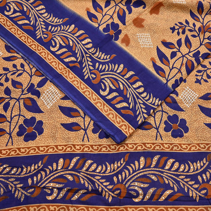 Indian Vintage Sari Blue & Beige Printed Pure Cotton Sarees Craft Fabric 5Yd Soft Sewing Sarong Wrap Boho Floral Quilting Dress making