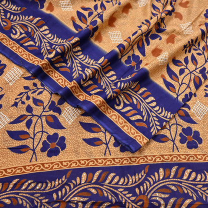 Indian Vintage Sari Blue & Beige Printed Pure Cotton Sarees Craft Fabric 5Yd Soft Sewing Sarong Wrap Boho Floral Quilting Dress making