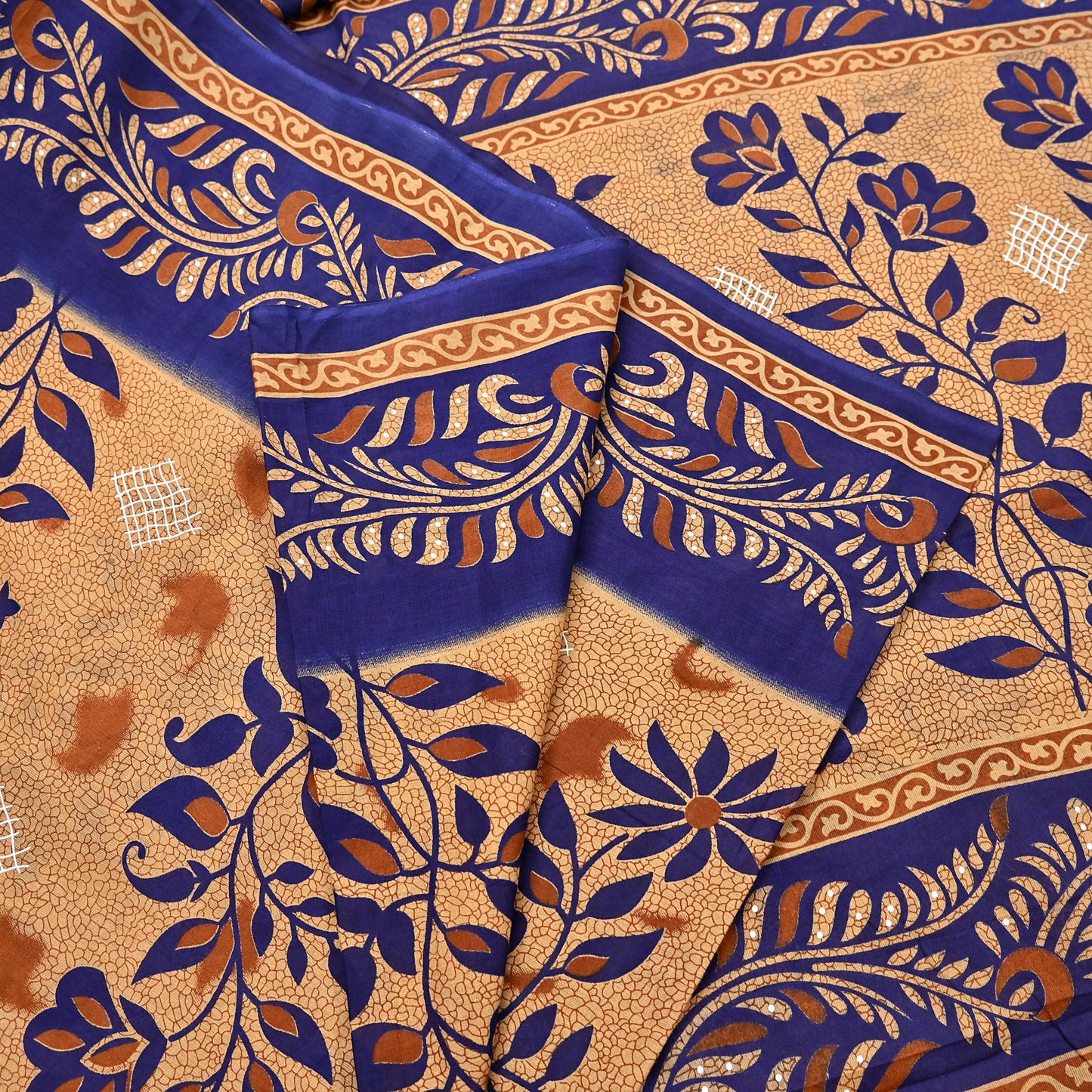 Indian Vintage Sari Blue & Beige Printed Pure Cotton Sarees Craft Fabric 5Yd Soft Sewing Sarong Wrap Boho Floral Quilting Dress making