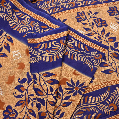 Indian Vintage Sari Blue & Beige Printed Pure Cotton Sarees Craft Fabric 5Yd Soft Sewing Sarong Wrap Boho Floral Quilting Dress making