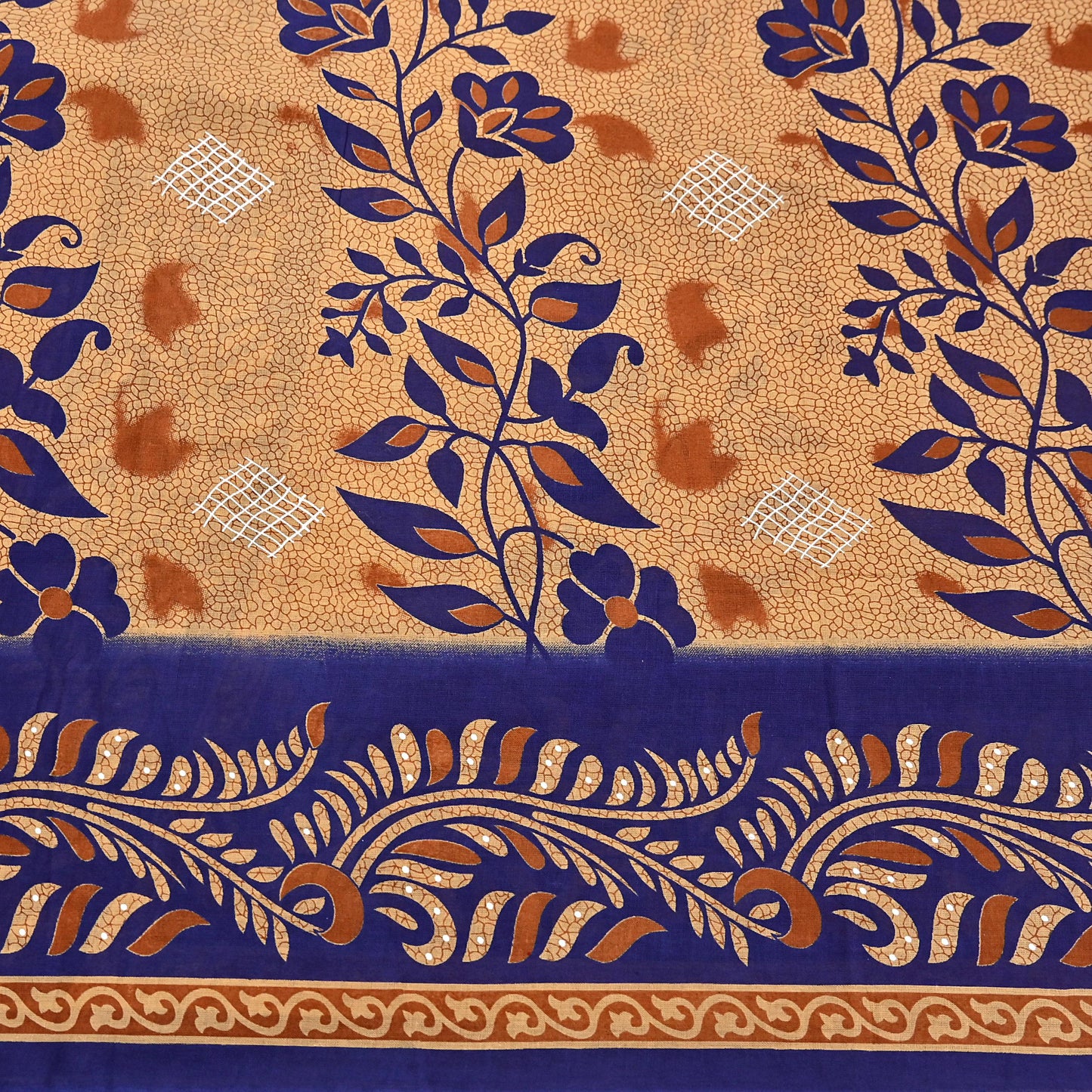 Indian Vintage Sari Blue & Beige Printed Pure Cotton Sarees Craft Fabric 5Yd Soft Sewing Sarong Wrap Boho Floral Quilting Dress making