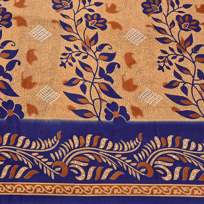 Indian Vintage Sari Blue & Beige Printed Pure Cotton Sarees Craft Fabric 5Yd Soft Sewing Sarong Wrap Boho Floral Quilting Dress making