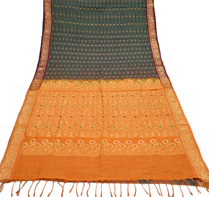 Indian Vintage Sari Green & Mustard Pure Cotton Hand Woven Sarees Craft Fabric 5yd Ethnic Crafting Quilting Dress Making Quilting Upcycle