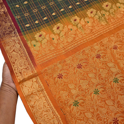 Indian Vintage Sari Green & Mustard Pure Cotton Hand Woven Sarees Craft Fabric 5yd Ethnic Crafting Quilting Dress Making Quilting Upcycle