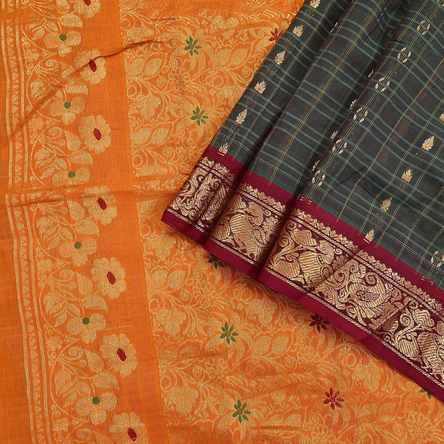 Indian Vintage Sari Green & Mustard Pure Cotton Hand Woven Sarees Craft Fabric 5yd Ethnic Crafting Quilting Dress Making Quilting Upcycle