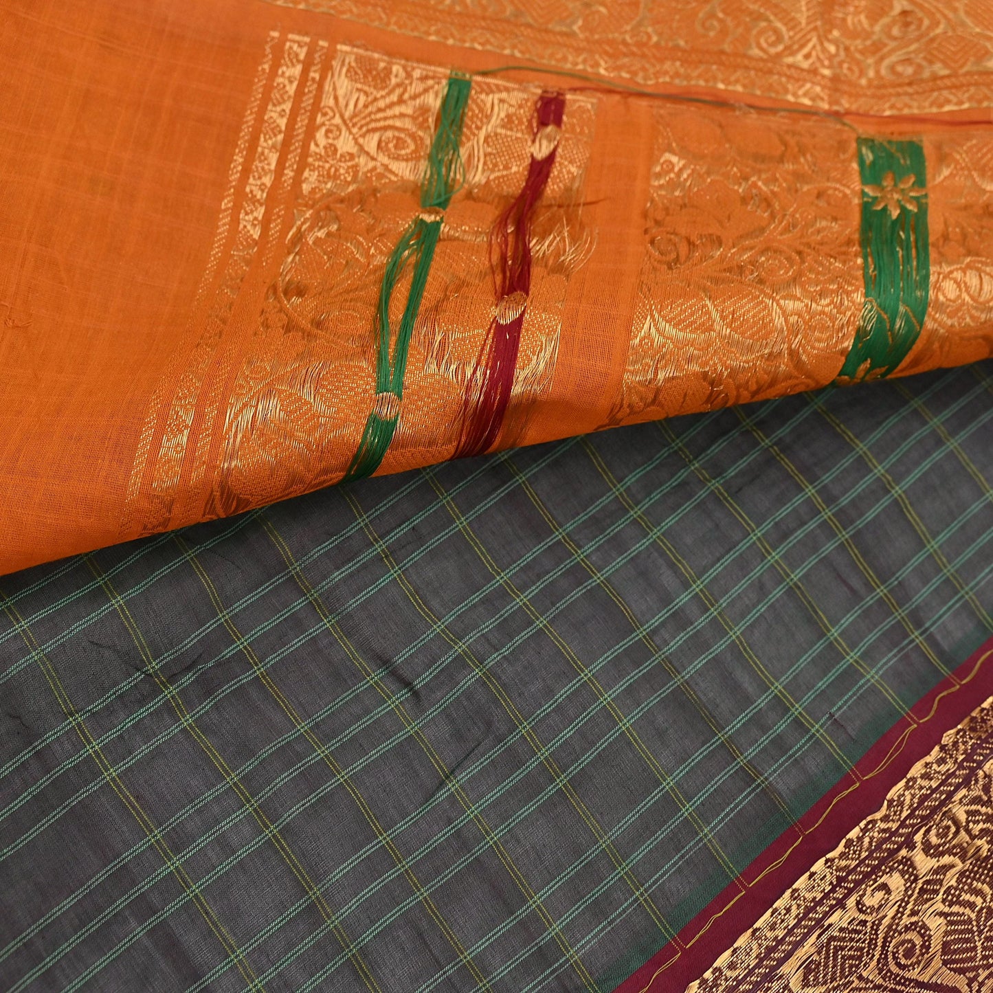 Indian Vintage Sari Green & Mustard Pure Cotton Hand Woven Sarees Craft Fabric 5yd Ethnic Crafting Quilting Dress Making Quilting Upcycle