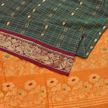 Indian Vintage Sari Green & Mustard Pure Cotton Hand Woven Sarees Craft Fabric 5yd Ethnic Crafting Quilting Dress Making Quilting Upcycle