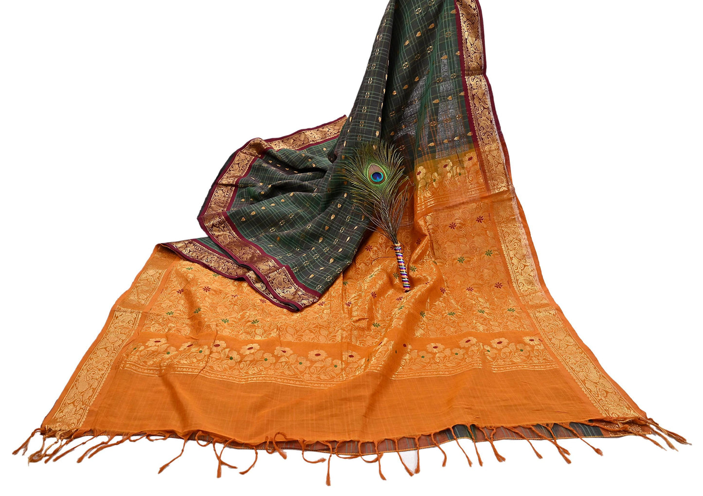 Indian Vintage Sari Green & Mustard Pure Cotton Hand Woven Sarees Craft Fabric 5yd Ethnic Crafting Quilting Dress Making Quilting Upcycle