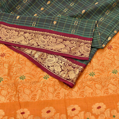 Indian Vintage Sari Green & Mustard Pure Cotton Hand Woven Sarees Craft Fabric 5yd Ethnic Crafting Quilting Dress Making Quilting Upcycle