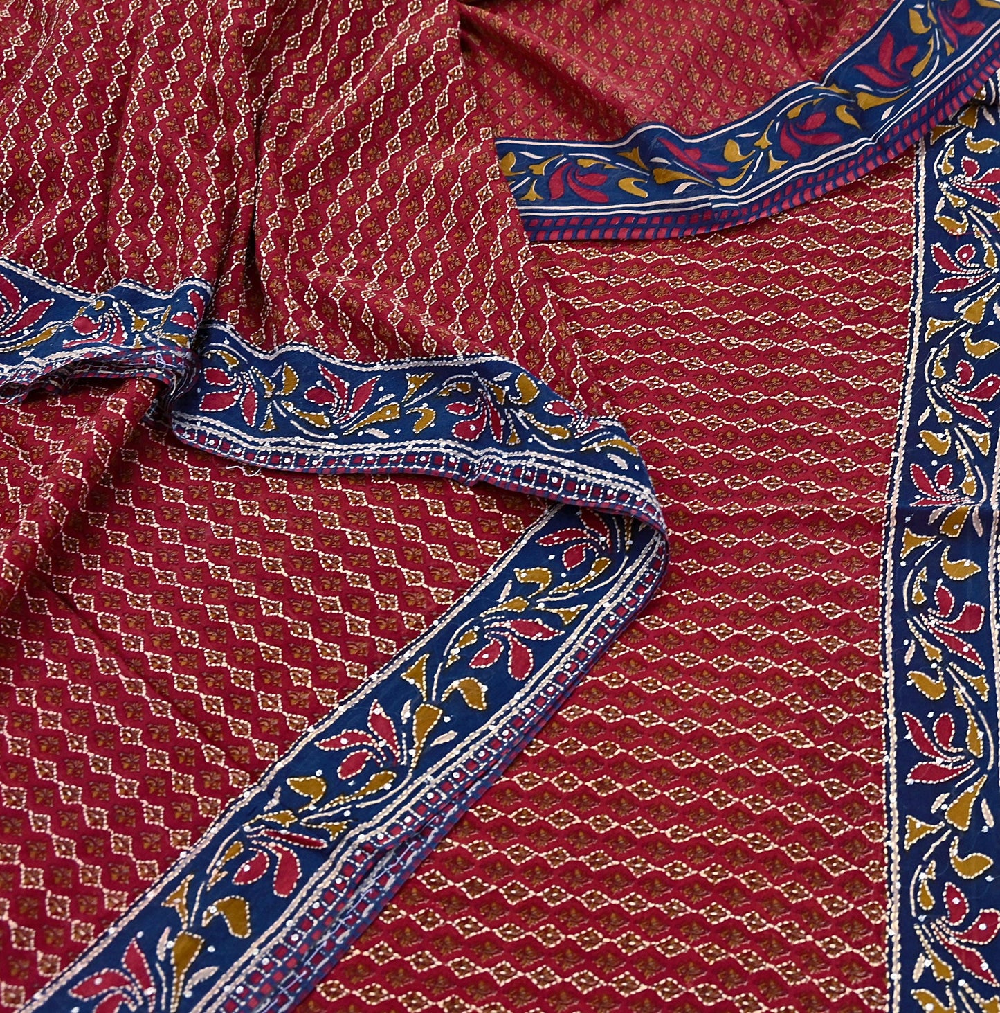 Indian Vintage Maroon & Blue Saree Pure Georgette Silk Hand Embroidered Kantha Sari Craft Fabric 5yd Sewing Floral Soft Sequins Dress making