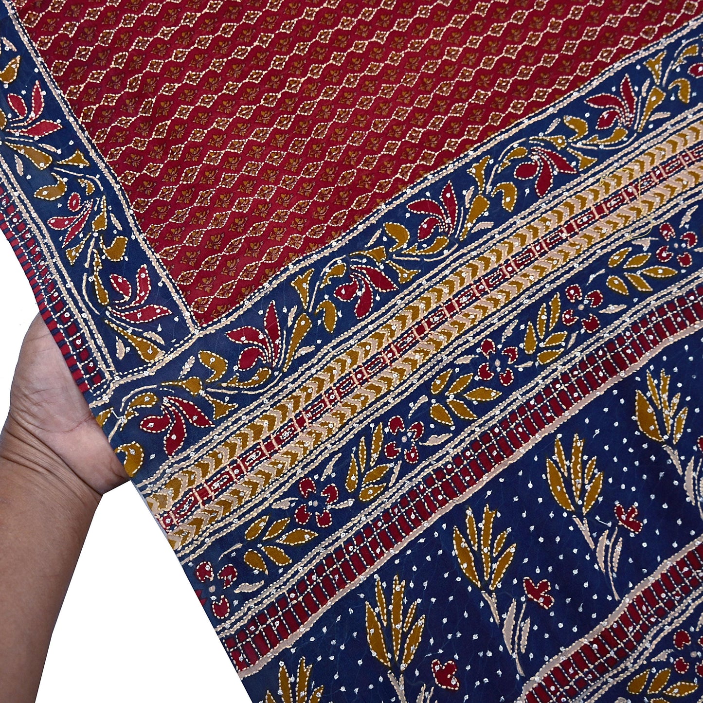 Indian Vintage Maroon & Blue Saree Pure Georgette Silk Hand Embroidered Kantha Sari Craft Fabric 5yd Sewing Floral Soft Sequins Dress making