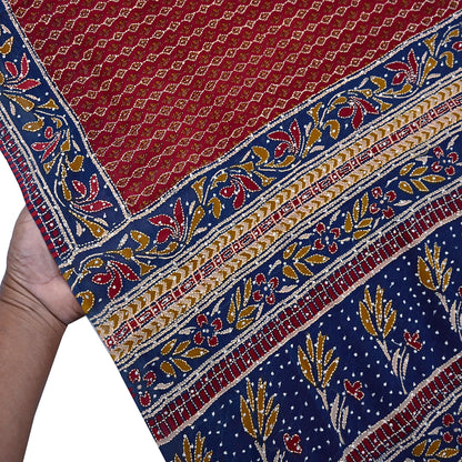 Indian Vintage Maroon & Blue Saree Pure Georgette Silk Hand Embroidered Kantha Sari Craft Fabric 5yd Sewing Floral Soft Sequins Dress making