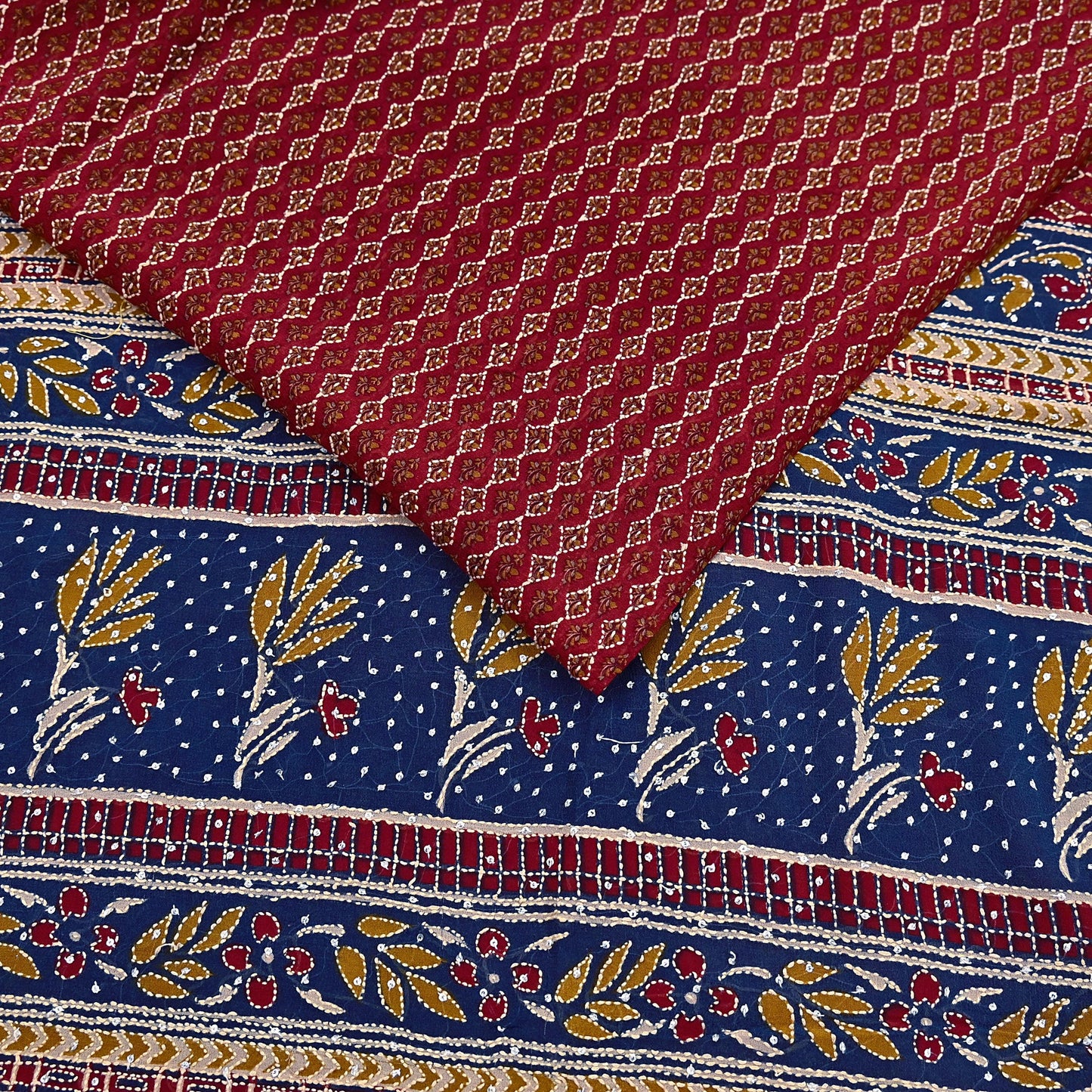 Indian Vintage Maroon & Blue Saree Pure Georgette Silk Hand Embroidered Kantha Sari Craft Fabric 5yd Sewing Floral Soft Sequins Dress making