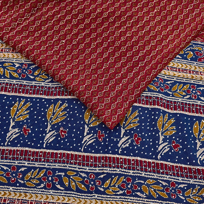 Indian Vintage Maroon & Blue Saree Pure Georgette Silk Hand Embroidered Kantha Sari Craft Fabric 5yd Sewing Floral Soft Sequins Dress making