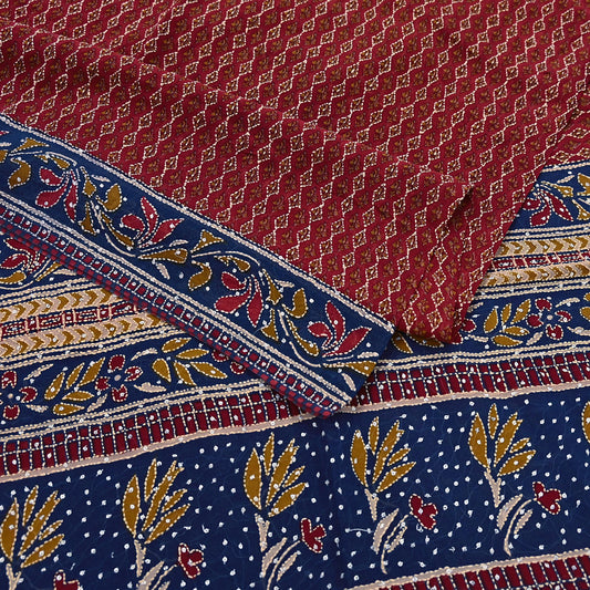 Indian Vintage Maroon & Blue Saree Pure Georgette Silk Hand Embroidered Kantha Sari Craft Fabric 5yd Sewing Floral Soft Sequins Dress making