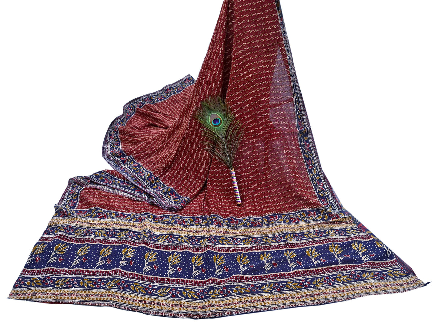 Indian Vintage Maroon & Blue Saree Pure Georgette Silk Hand Embroidered Kantha Sari Craft Fabric 5yd Sewing Floral Soft Sequins Dress making