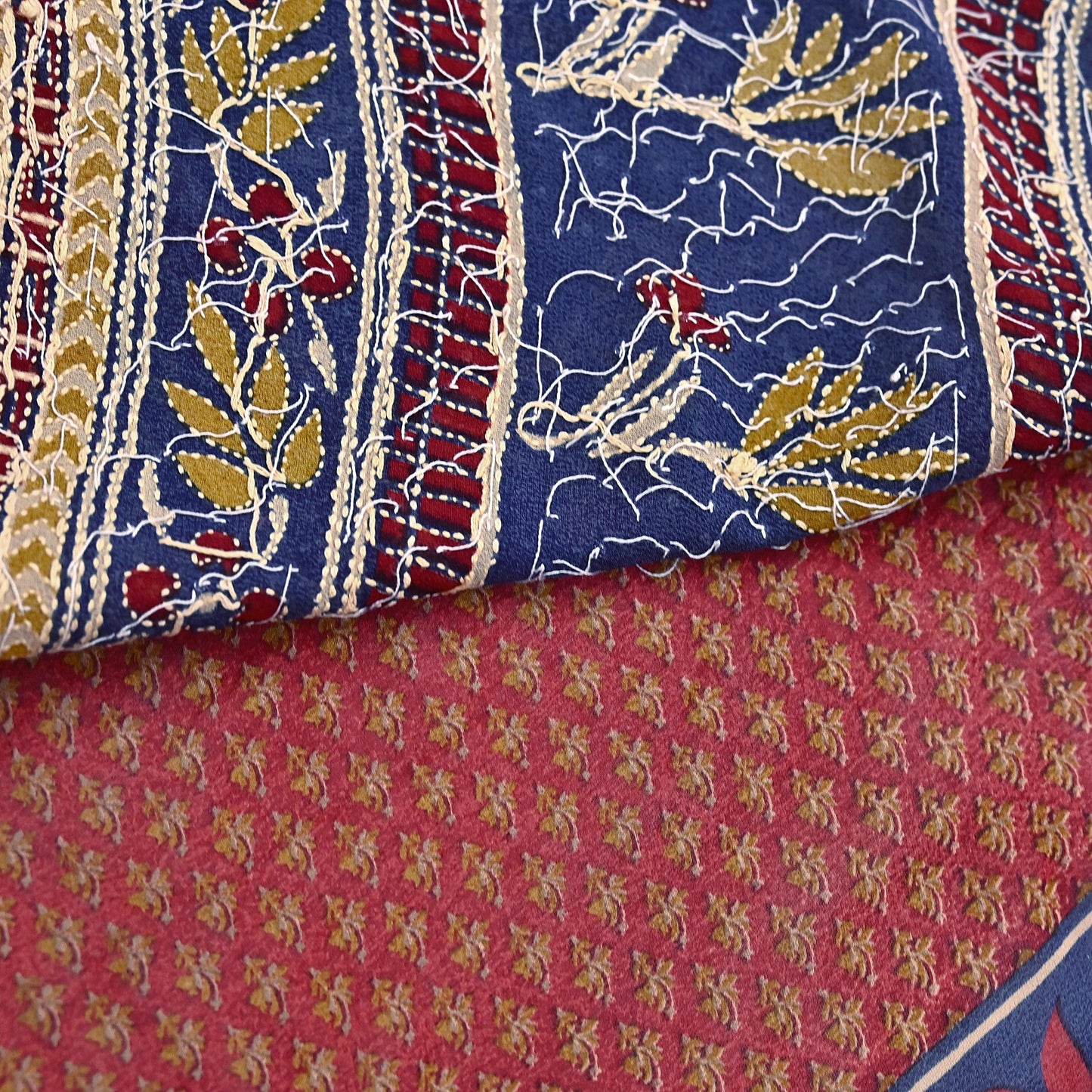Indian Vintage Maroon & Blue Saree Pure Georgette Silk Hand Embroidered Kantha Sari Craft Fabric 5yd Sewing Floral Soft Sequins Dress making