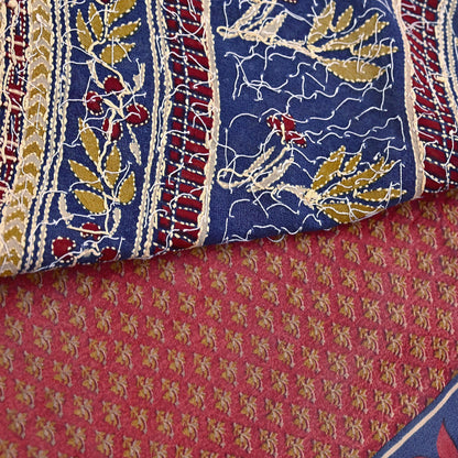 Indian Vintage Maroon & Blue Saree Pure Georgette Silk Hand Embroidered Kantha Sari Craft Fabric 5yd Sewing Floral Soft Sequins Dress making