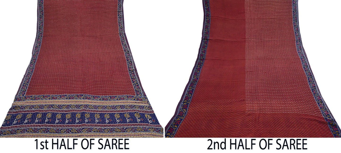 Indian Vintage Maroon & Blue Saree Pure Georgette Silk Hand Embroidered Kantha Sari Craft Fabric 5yd Sewing Floral Soft Sequins Dress making