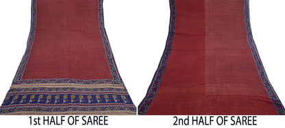 Indian Vintage Maroon & Blue Saree Pure Georgette Silk Hand Embroidered Kantha Sari Craft Fabric 5yd Sewing Floral Soft Sequins Dress making