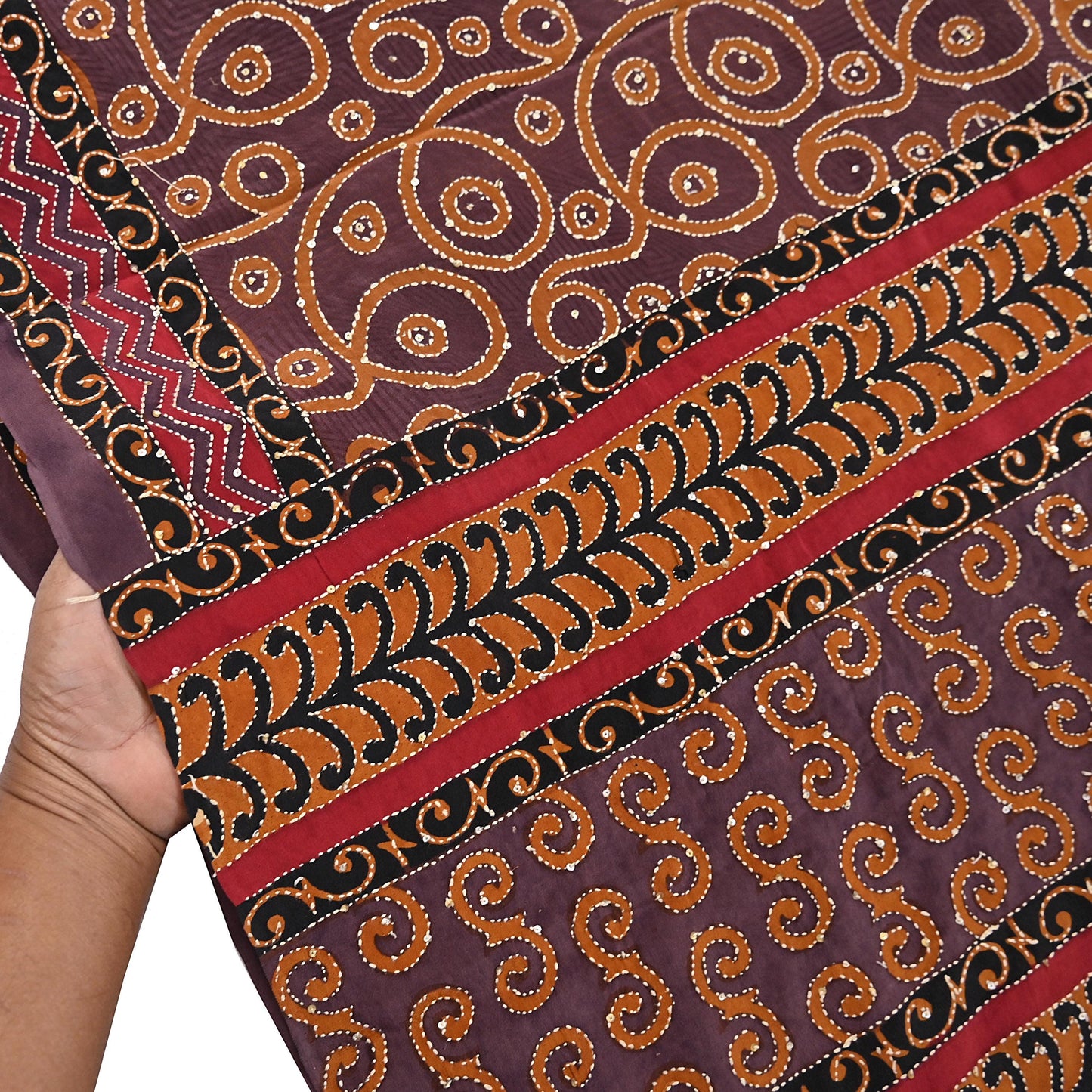Indian Vintage Sari Brown Pure Crepe Silk Hand Embroidered Kantha Saree 5yd Craft Fabric Sewing Floral Soft Dress making Crafting