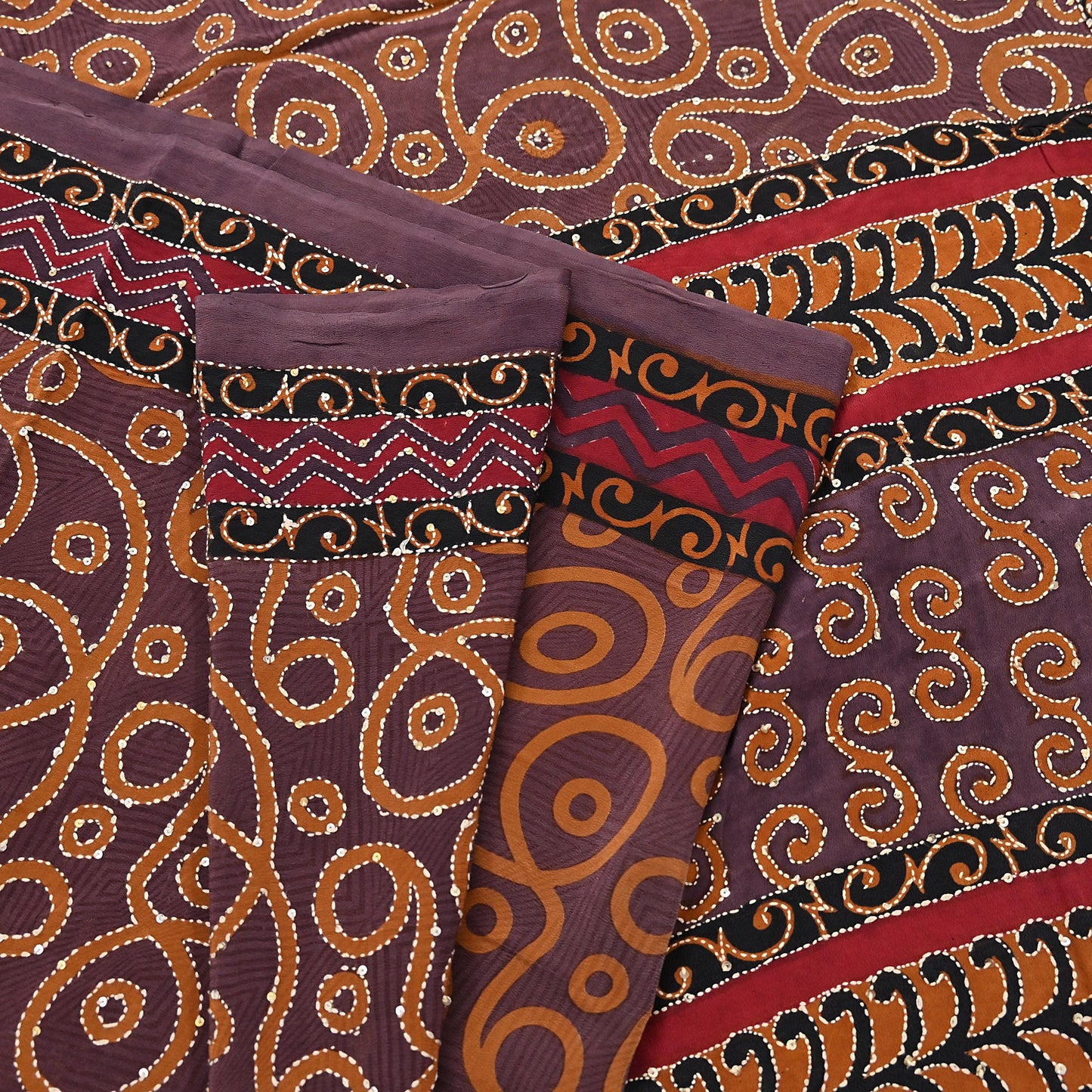 Indian Vintage Sari Brown Pure Crepe Silk Hand Embroidered Kantha Saree 5yd Craft Fabric Sewing Floral Soft Dress making Crafting