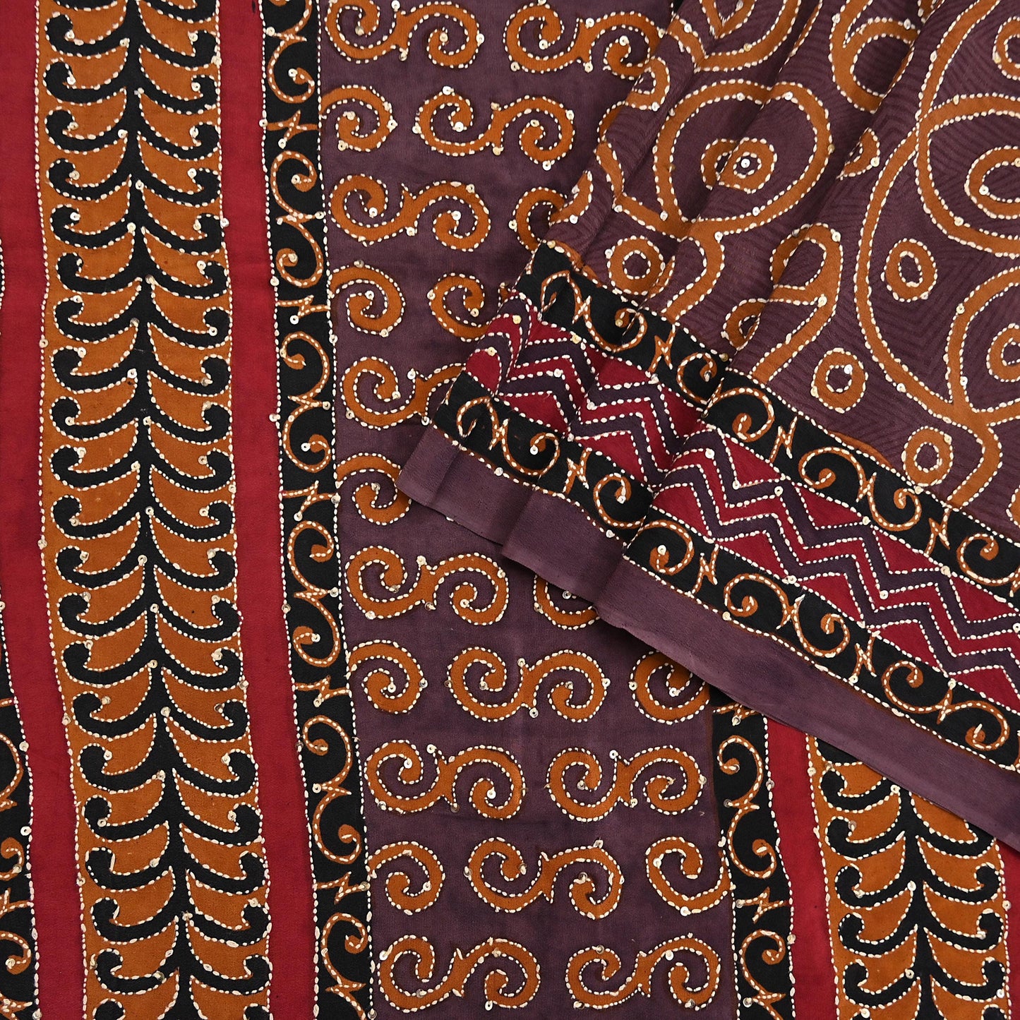 Indian Vintage Sari Brown Pure Crepe Silk Hand Embroidered Kantha Saree 5yd Craft Fabric Sewing Floral Soft Dress making Crafting