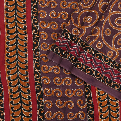 Indian Vintage Sari Brown Pure Crepe Silk Hand Embroidered Kantha Saree 5yd Craft Fabric Sewing Floral Soft Dress making Crafting