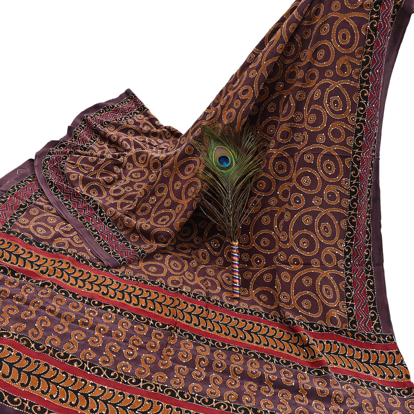 Indian Vintage Sari Brown Pure Crepe Silk Hand Embroidered Kantha Saree 5yd Craft Fabric Sewing Floral Soft Dress making Crafting